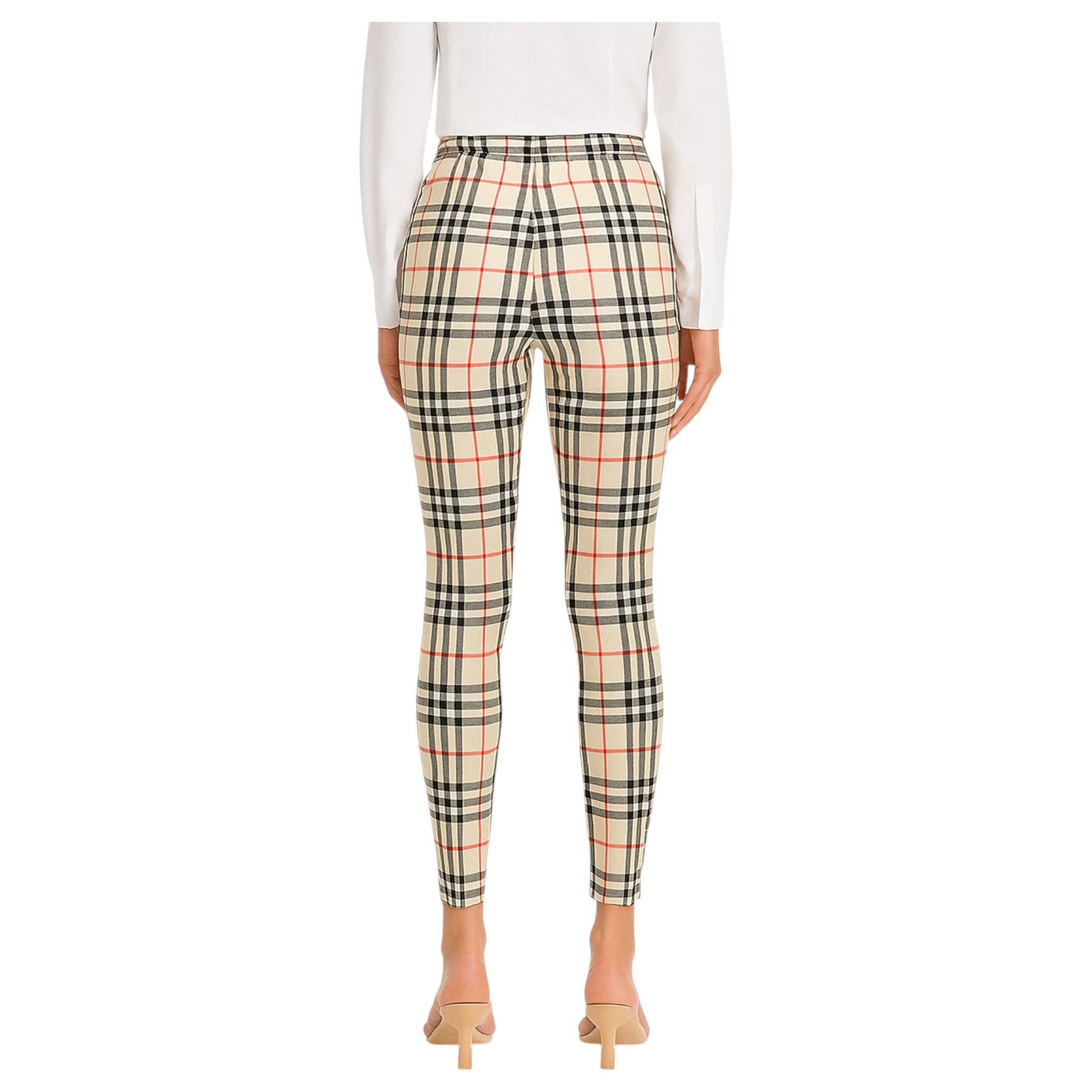 Womens beige check jeggings – Ladies soft touch stretchy slim fit high waist legging trousers